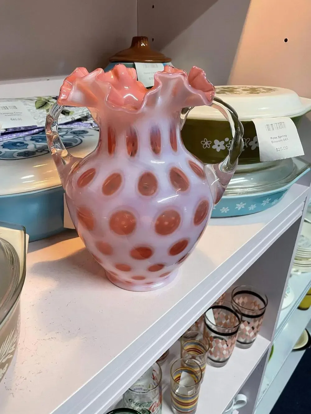 Fenton Vintage Cranberry Opalescent Coin Dot Double Handle Vase